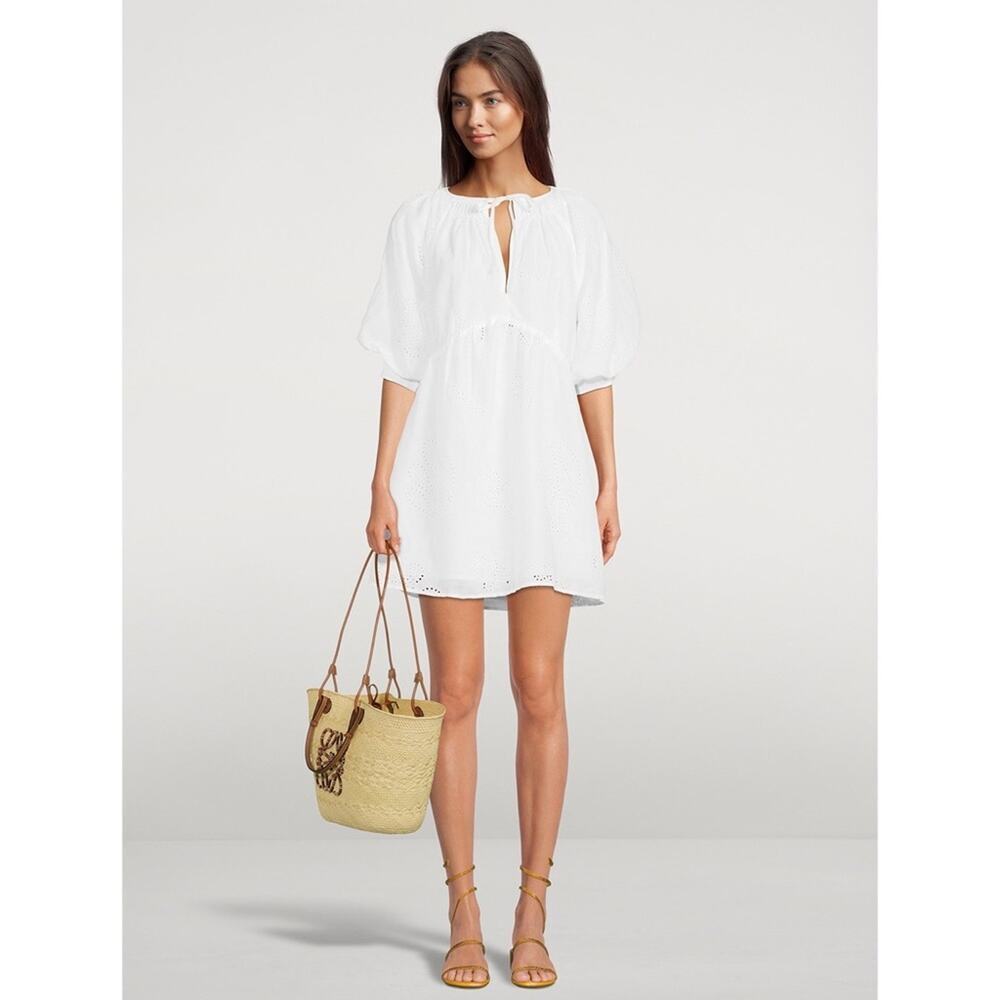 Frame Eyelet Puff Sleeve Mini Dress